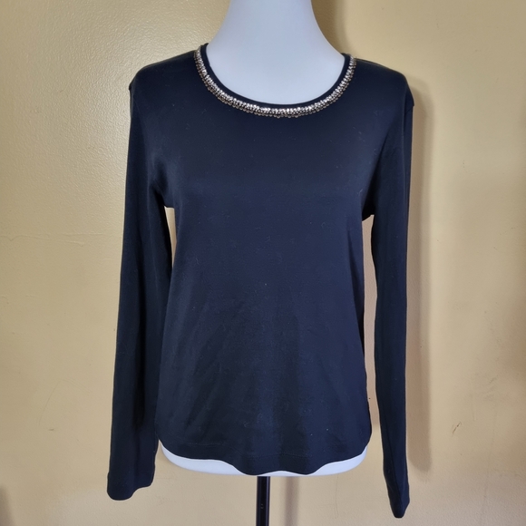 Chico's Sweaters - Chicos Pullover Sweater Size 0 Embellished Jeweled Round Neck Black Long Sleeve